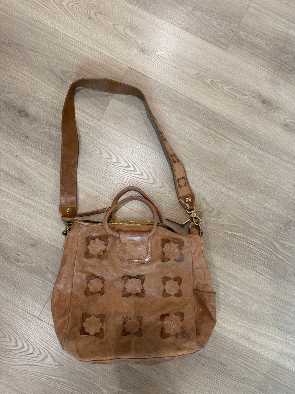 HOBO Tan Leather Floral Cutout Shoulder Bag